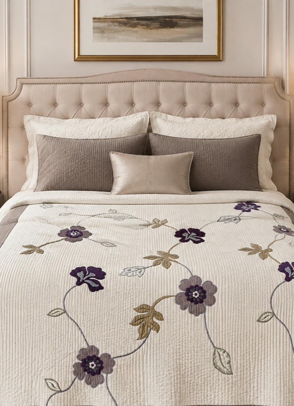 KEECO Floral Quilt Coverlet 92x96 Purple Gray Cream Embroidered Cotton Blend